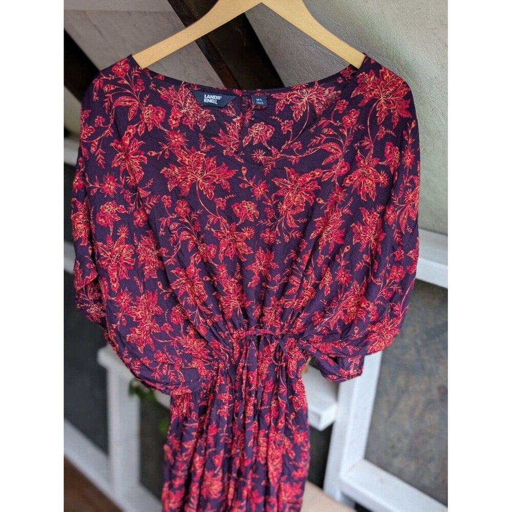 Lands' End Plum Floral Gathered Waist Kaftan Swim Cover-Up Dress M/L